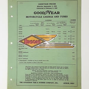 ORIGINAL HARLEY 1939 GOODYEAR TIRE (CASING AND TUBE) PRICE LIST- KNUCKLEHEAD
