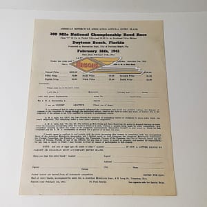 ORIGINAL HARLEY 1941 DAYTONA BEACH OFFICIAL ENTRY BLANK-WR, WLDR, KNUCKLEHEAD