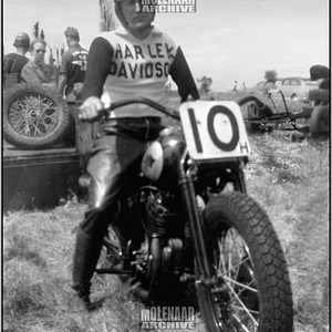 Vintage Molenaar Harley-Davidson Race Photo – Harry on Leo Anthony’s Bike 1940s