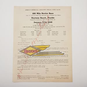 ORIGINAL HARLEY 1940 OFFICIAL ENTRY BLANK “DAYTONA BEACH”- WR,WLDR, KNUCKLEHEAD