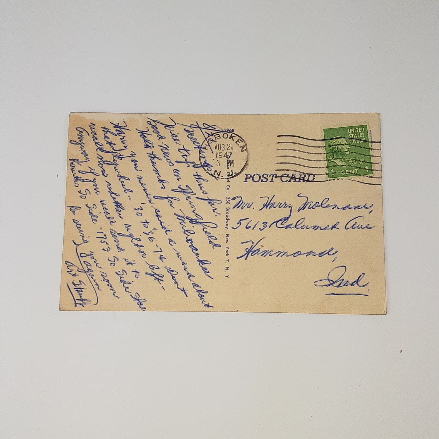 Original Authentic 1947 Post Card to Harry Molenaar Hammond Harley ...