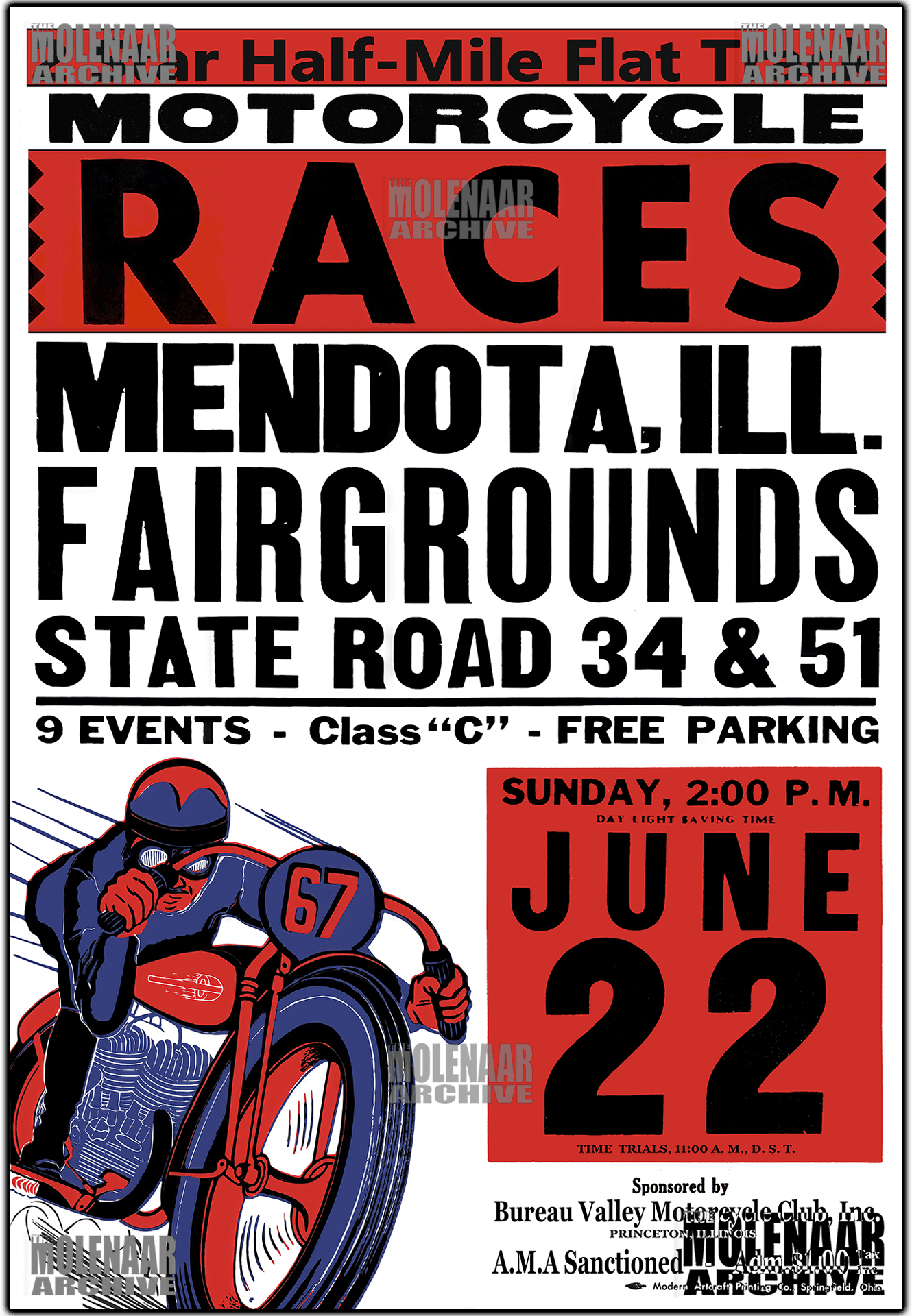 Vintage Harley Motorcycle Poster Mendota, IL Fairgrounds 2 Star Flat