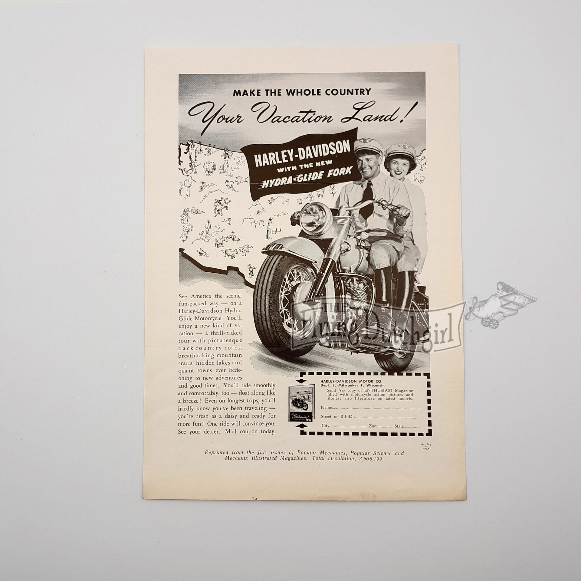 Original 1949 Harley-Davidson Hydra-Glide “Your Vacation Land” Counter Flyer