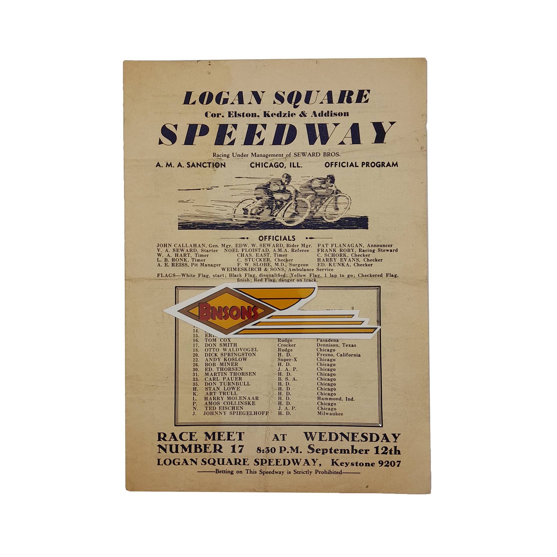 ORIG HARLEY 1934 LOGAN SQUARE SPEEDWAY PROGRAM,CHICAGO, ILL-SA, CAC, KNUCKLEHEAD