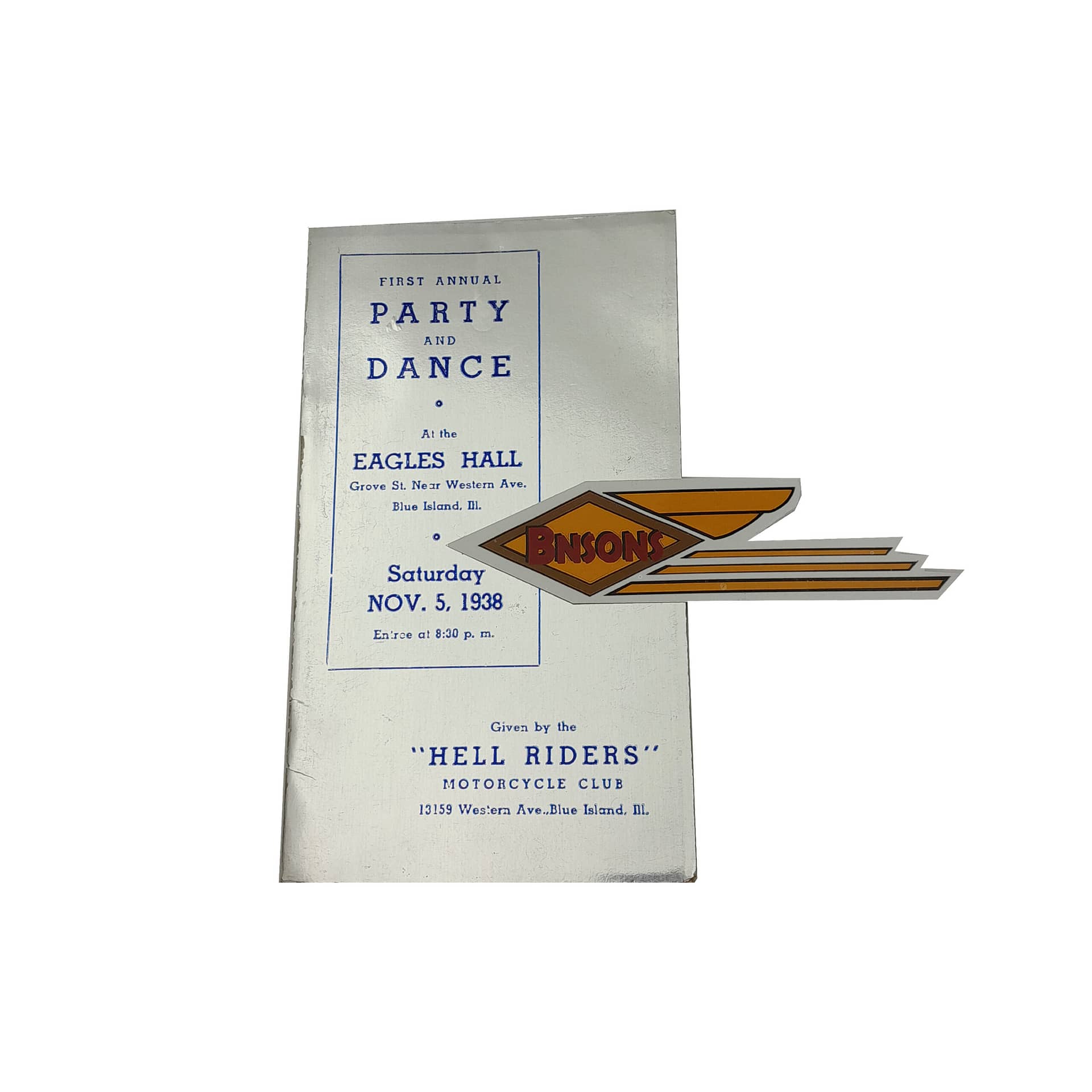 ORIG HARLEY 1938 “HELL RIDERS M/C” (BLUE ISLAND, ILL) DANCE PROGRAM- KNUCKLEHEAD