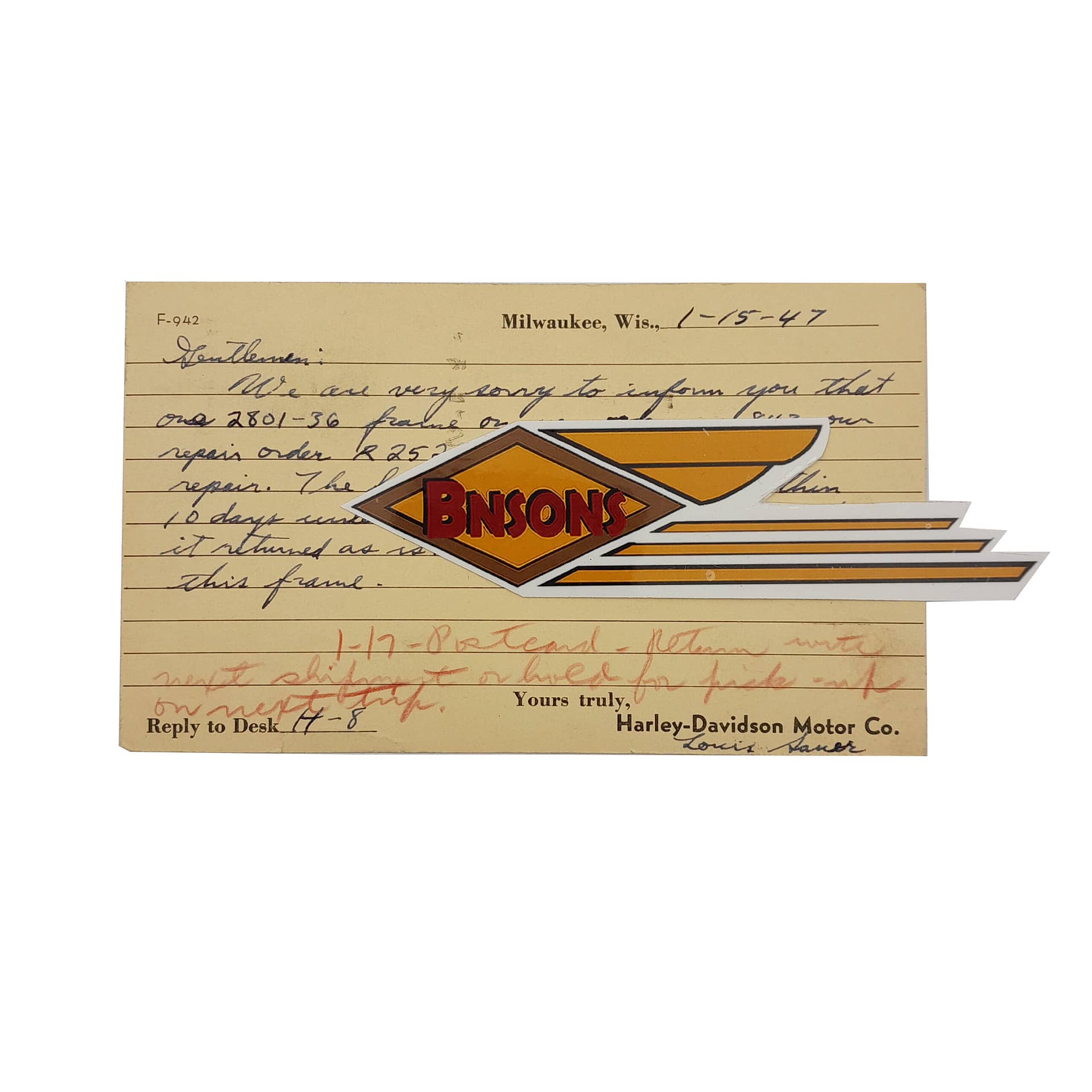 ORIG HARLEY 1947 FACTORY REPAIR CARD “FRAME BEYOUND REPAIR. – KNUCKLEHEAD