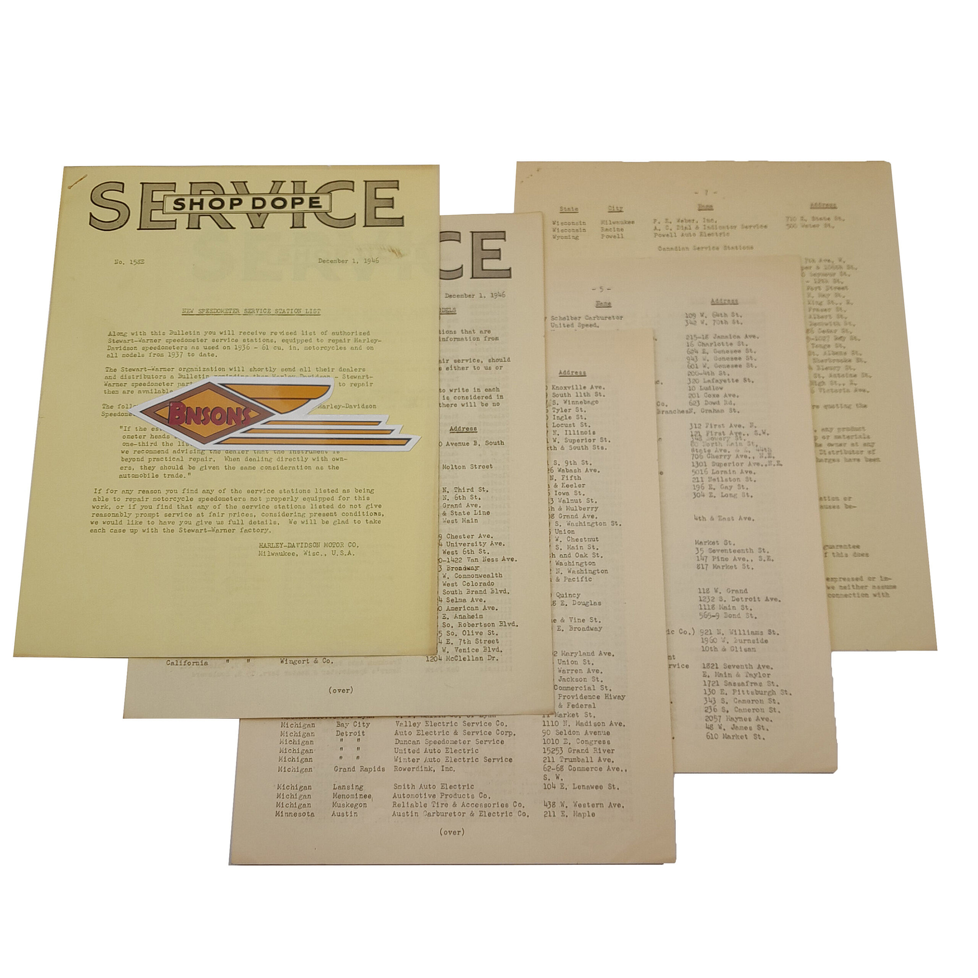 ORIGINAL HARLEY 1946 SERVICE BULLETIN (SPEEDO SERVICE STATION LIST) -KNUCKLEHEAD